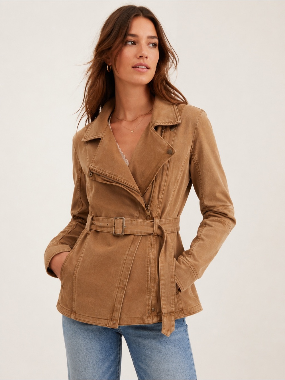 Anthropologie Camel Soft Moto Jacket Belted Stretch Size S